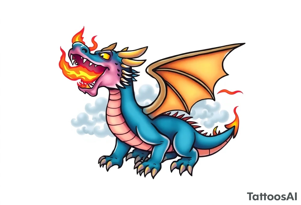 fierce dragon breathing iridescent fire against stormy skies tattoo idea