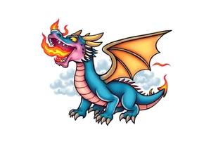fierce dragon breathing iridescent fire against stormy skies tattoo idea