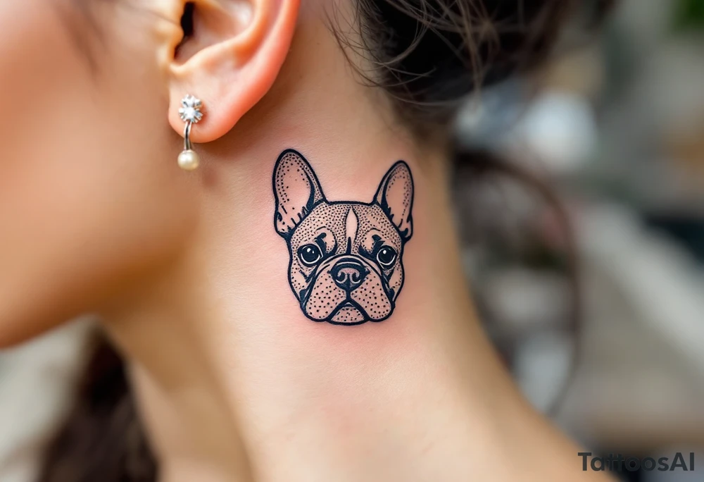 Tiny French Bulldog tattoo behind the ear, minimal dotwork in black and gray showing only the head and ears. tattoo idea