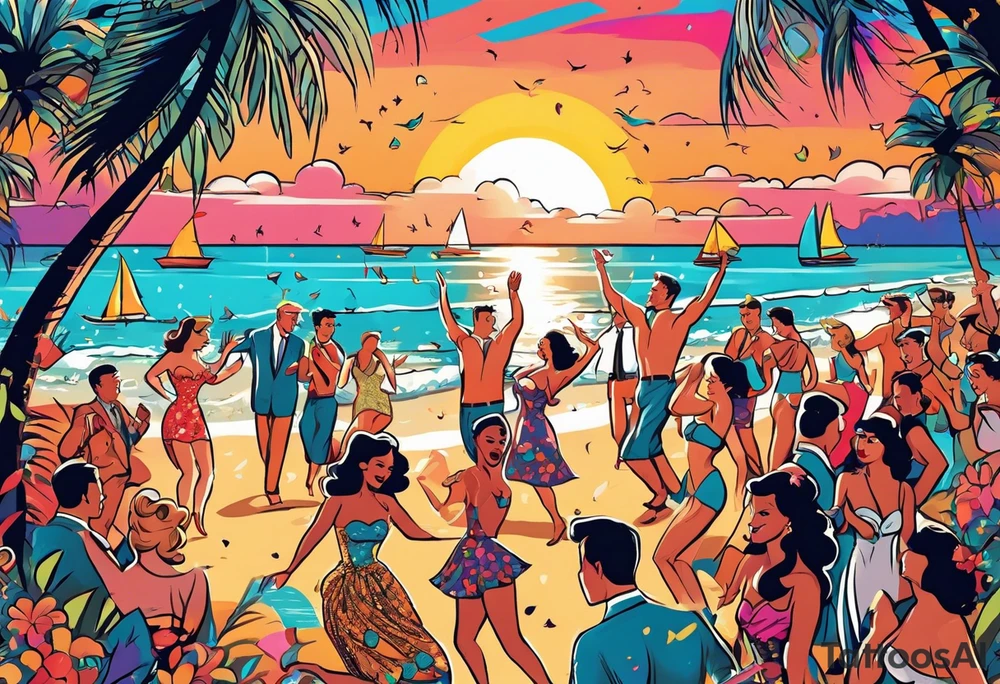 1950'S BEACH DANCE PARTY 
party, include confetti, music notes, 
, bikinis sunset in the center tattoo idea