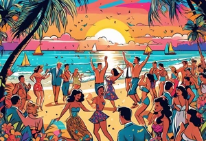 1950'S BEACH DANCE PARTY 
party, include confetti, music notes, 
, bikinis sunset in the center tattoo idea