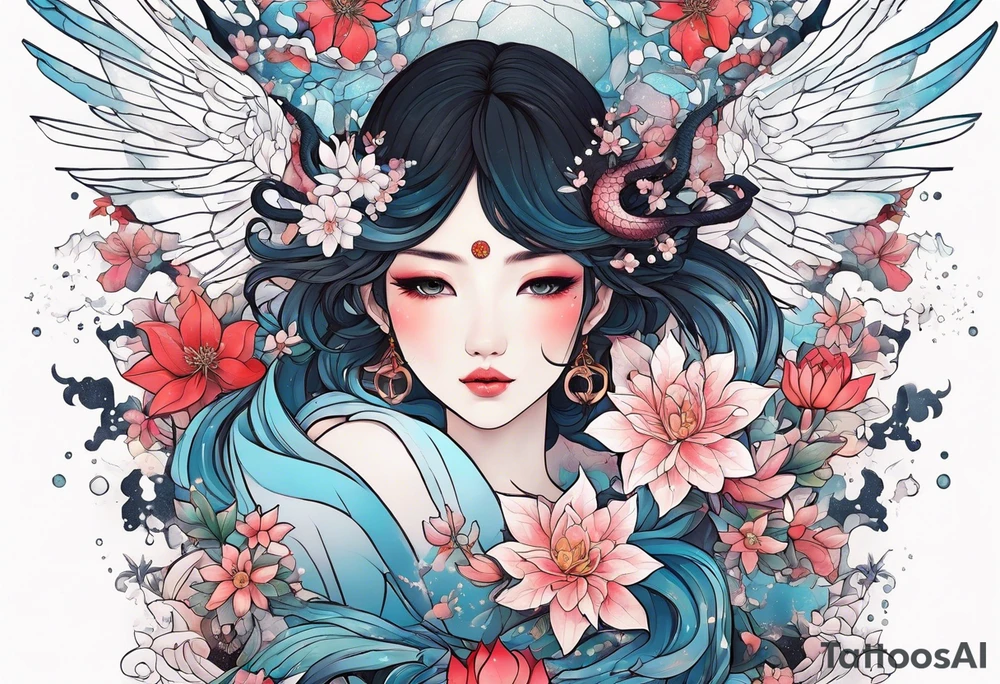 Constellation, wing , snow , cross , dragon female japan kawaii , flower tattoo idea