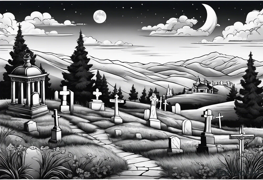Cemetery on hills with smoke and moon tattoo idea