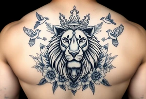 powerful majestic lion with a crown, surrounded by floral ornaments and birds tattoo idea