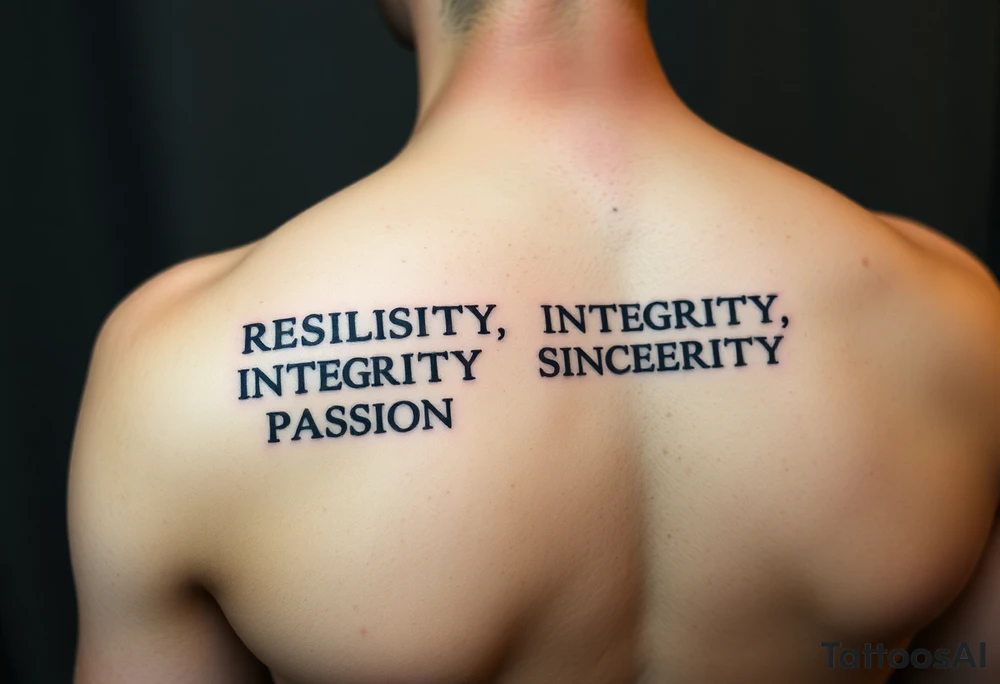 RESILIENCE CURIOSITY INTEGRITY
PASSION SINCERITY CONFIDENCE
RELIABILITY COMPASSION SINCERITY
HONESTY PERSEVERANCE DETERMINATION tattoo idea