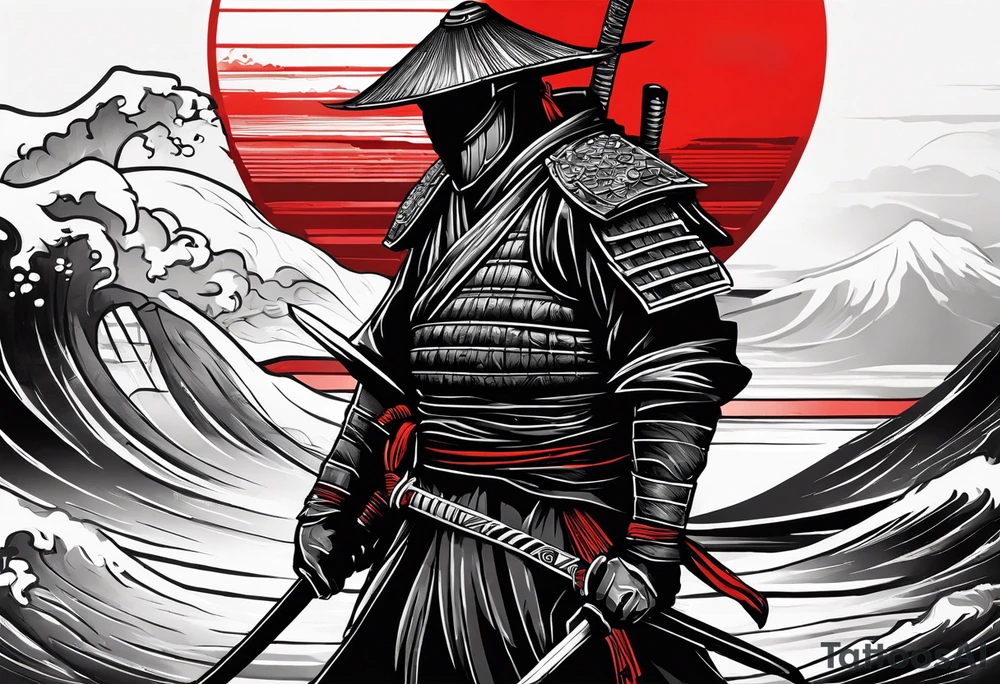 Black abstract of ronin with his katana drawn standing sidewise with a red sun in back groun to show pride tattoo idea