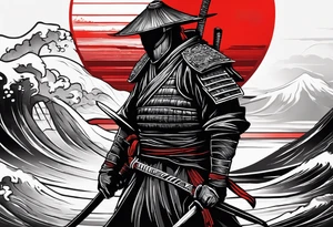 Black abstract of ronin with his katana drawn standing sidewise with a red sun in back groun to show pride tattoo idea