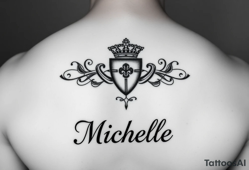 Create a tattoo on a man’s chest if a woman’s name. Claddagh and the name Michelle. Irish themed tattoo idea