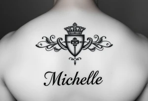 Create a tattoo on a man’s chest if a woman’s name. Claddagh and the name Michelle. Irish themed tattoo idea