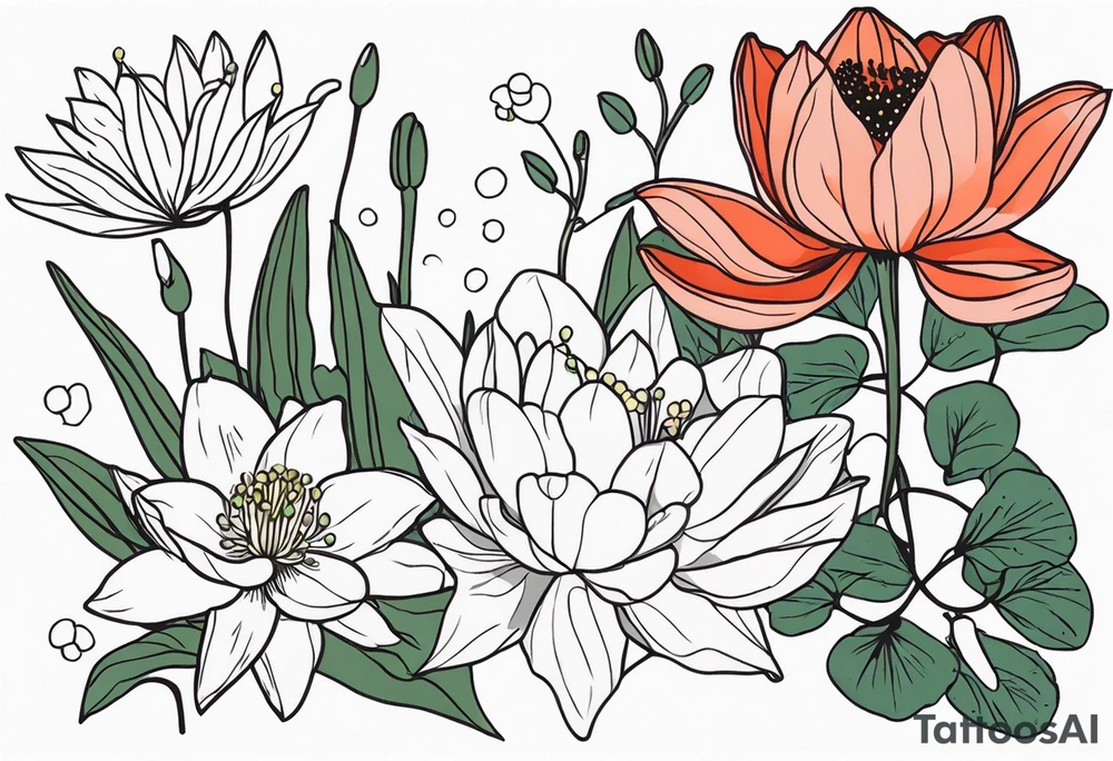 Poppy, water lily, Lily of the valley, flower bouquet, portrait style tattoo idea