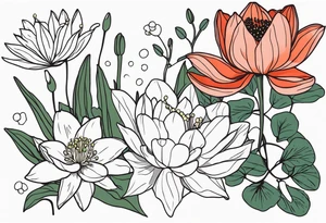 Poppy, water lily, Lily of the valley, flower bouquet, portrait style tattoo idea