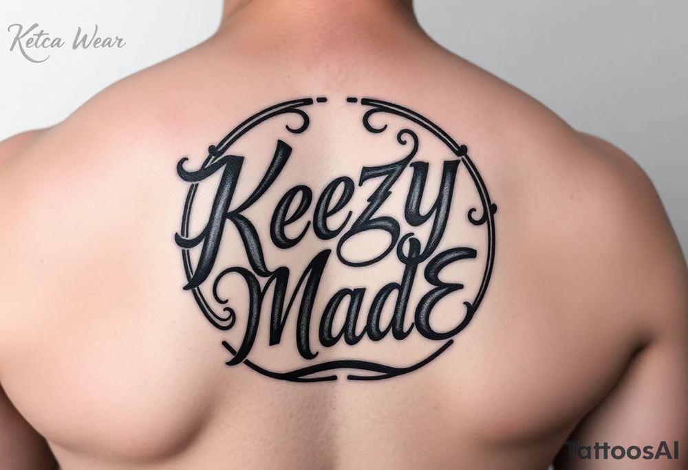 letters only fancy but rugged twisted and intertwined circular arched curvy lettering in a circular  forum that would be clothing brand style that says (KeezY MadE) almost like the the roca wear symbol clothing brand tattoo idea