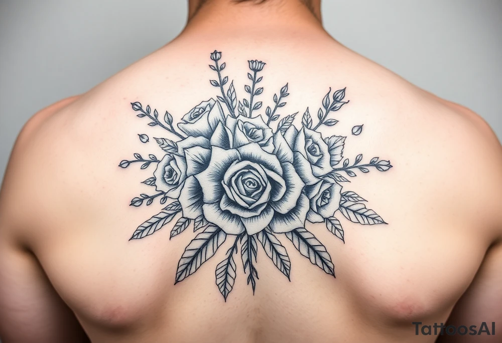 vintage bouquet of wild roses and meadow flowers with morning dew tattoo idea