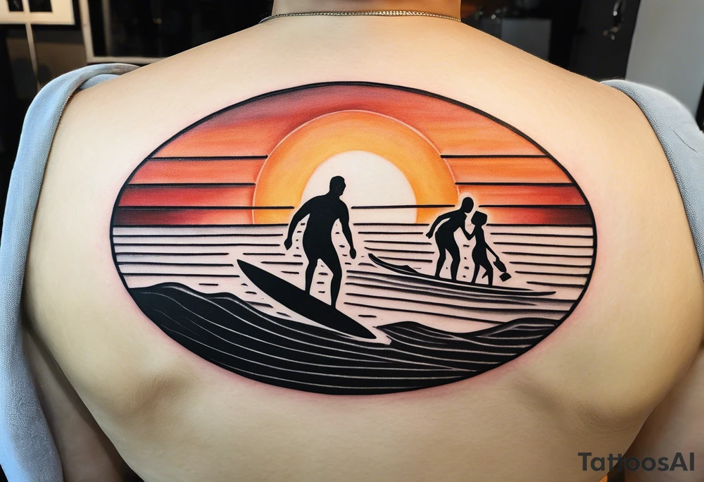 Black and white Line work tattoo depicting a father surfing with his two daughters.  The sunset and horizon have musical notes. tattoo idea