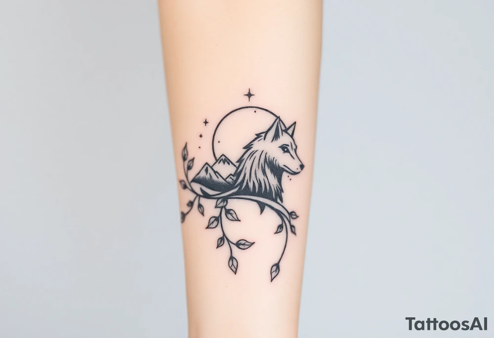 Rose vine with wolf, moon and stars mountains wrap tattoo idea Rose vine with wolf, moon and stars mountains wrap tattoo idea