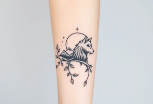 Rose vine with wolf, moon and stars mountains wrap tattoo idea