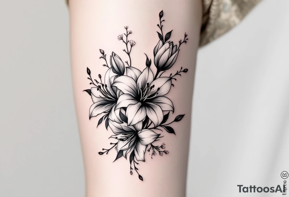 flower arrangement with spider lilies, tulip, cherry blossom tattoo idea