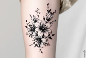 flower arrangement with spider lilies, tulip, cherry blossom tattoo idea