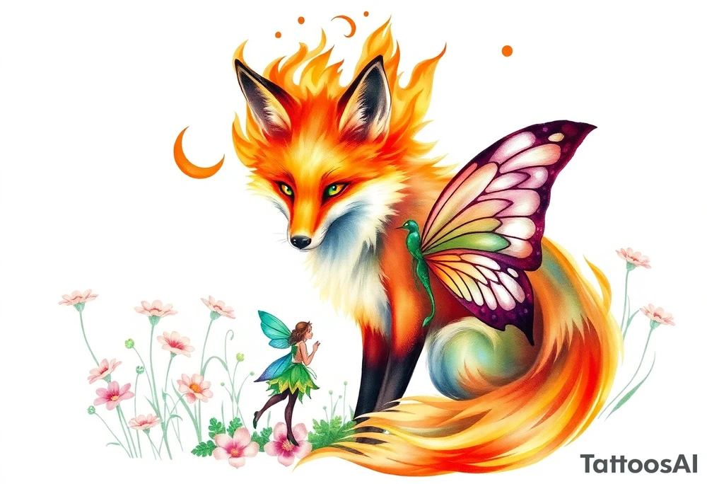 Fox made of fire with emerald jem stone eyes fairy standing close to it  in a field of lillys tattoo idea