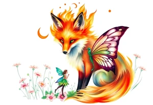 Fox made of fire with emerald jem stone eyes fairy standing close to it  in a field of lillys tattoo idea