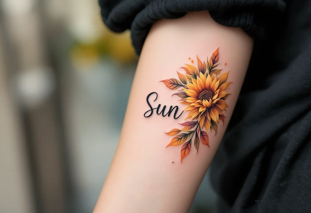 Word "Sun" written vertical with sunflower tattoo idea