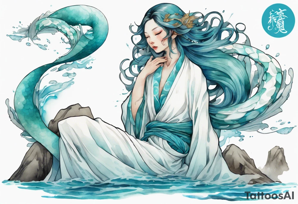 A beautiful undine with turquois scales wearing a white robe, laying on the shore tattoo idea