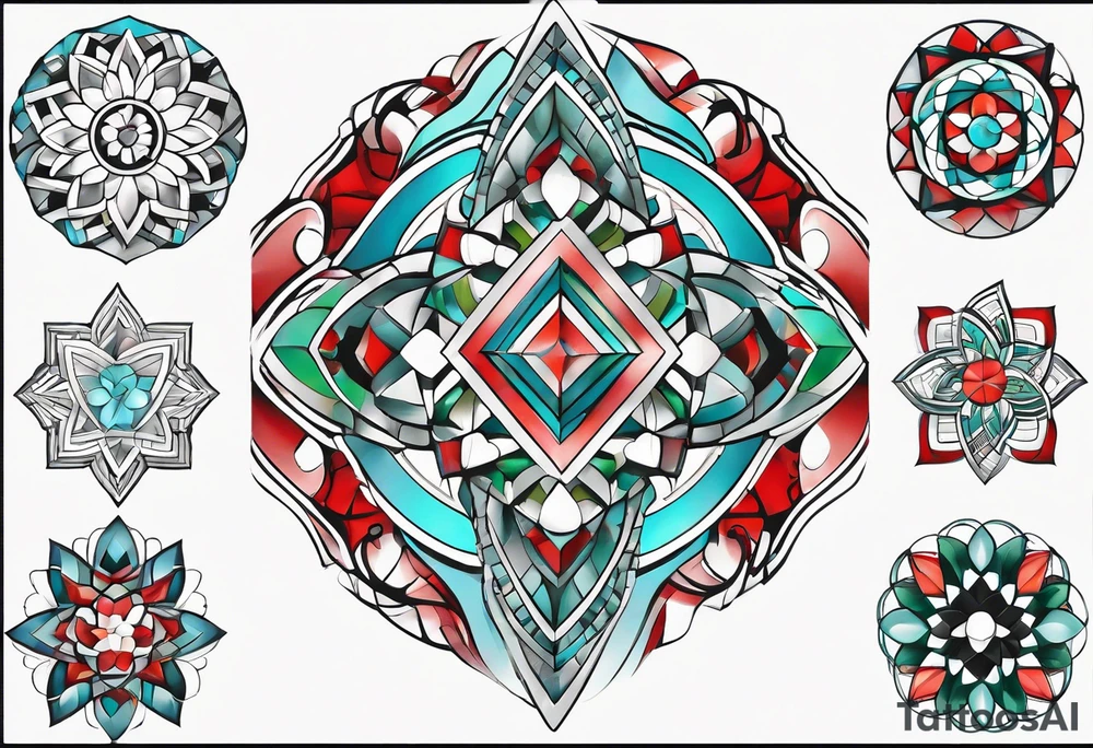 geometric style tattoo on knee with baby blue, red, and green accents. helical pier tattoo idea
