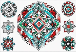 geometric style tattoo on knee with baby blue, red, and green accents. helical pier tattoo idea