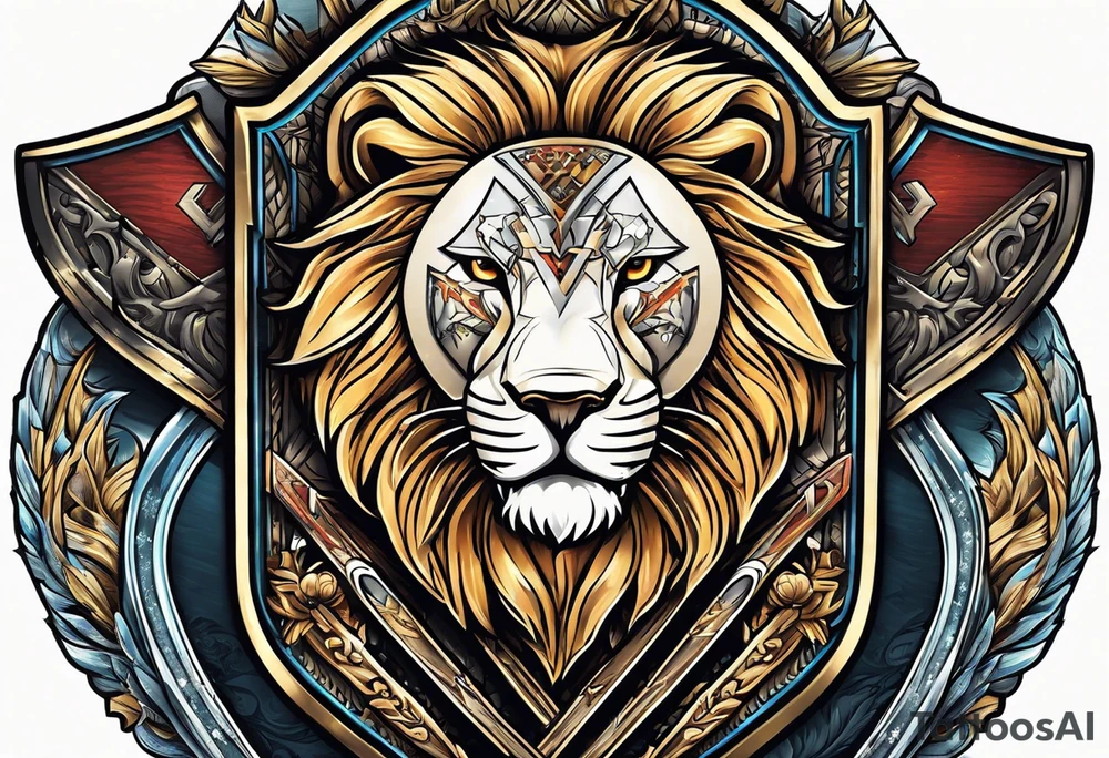 snow skis crossed like an x with a shield in front of them and a lion on the shield tattoo idea