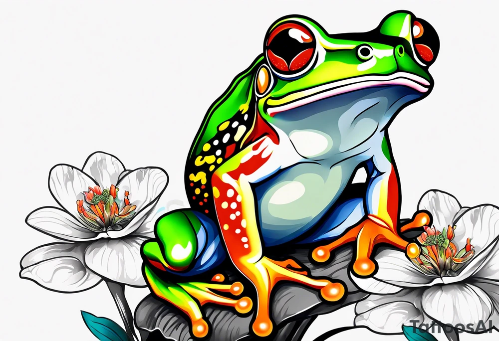 2 Red-eye tree frogs one big and one small sitting on on flower with a stem tattoo idea