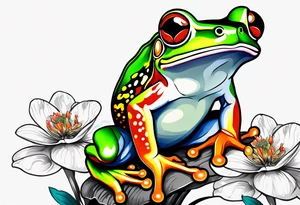 2 Red-eye tree frogs one big and one small sitting on on flower with a stem tattoo idea