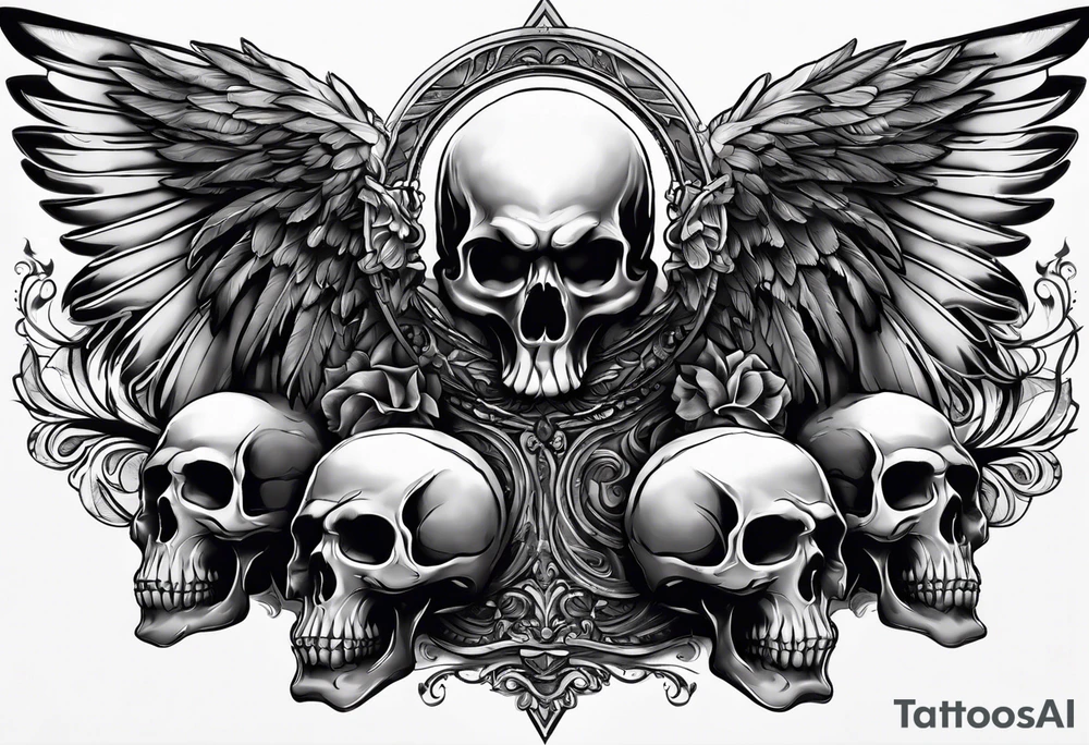 See no evil hear no evil speak no evil  skulls go down the back with angel wings wrapped around the skulls tattoo idea