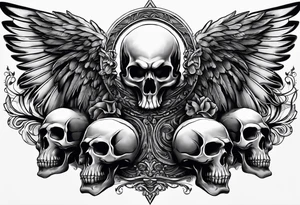 See no evil hear no evil speak no evil  skulls go down the back with angel wings wrapped around the skulls tattoo idea