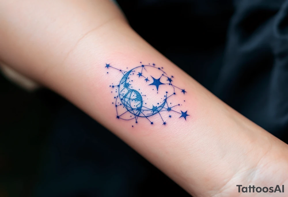 A subtle Aries star constellation map in pastel blues and pinks celebrates the zodiac sign’s cosmic connection with a soft elegance. tattoo idea