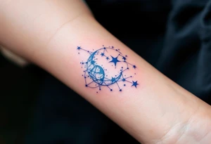 A subtle Aries star constellation map in pastel blues and pinks celebrates the zodiac sign’s cosmic connection with a soft elegance. tattoo idea