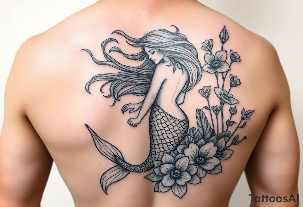 ethereal mermaid with flowing hair among coral and sea flowers tattoo idea