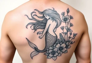 ethereal mermaid with flowing hair among coral and sea flowers tattoo idea