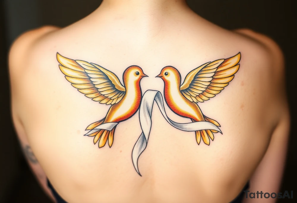 A pair of golden doves holding a soft white silk ribbon, with their wings gently touching tattoo idea