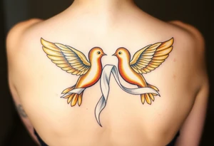 A pair of golden doves holding a soft white silk ribbon, with their wings gently touching tattoo idea