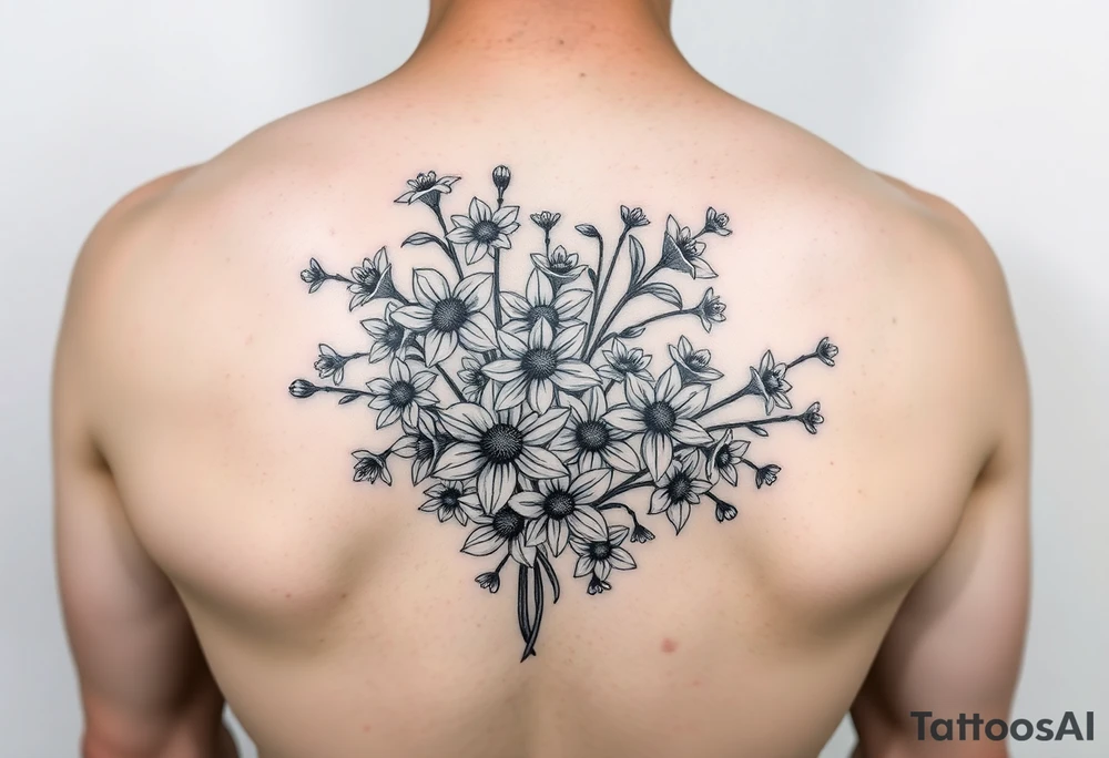 realistic scatter of daisies, daffodils, lily of the valley upper arm sleeve tattoo idea