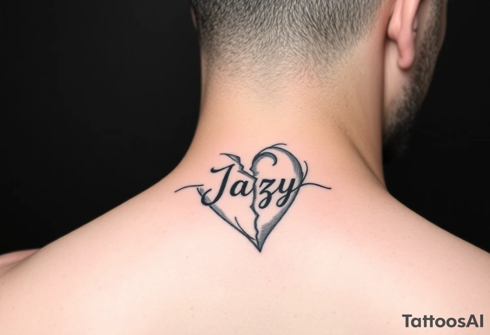 upper arm tattoo -broken heart of a deceased best friend with the name Jazy incorporated tattoo idea