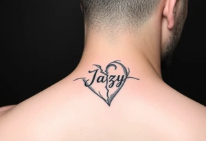 upper arm tattoo -broken heart of a deceased best friend with the name Jazy incorporated tattoo idea