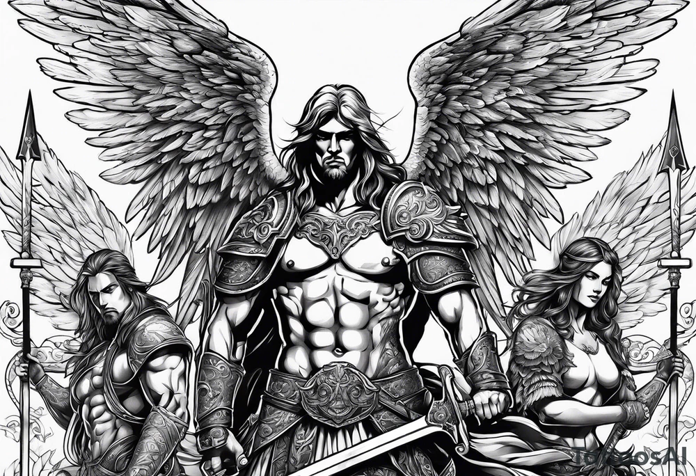 Angels with swords in the sky tattoo idea
