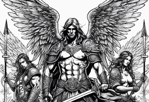 Angels with swords in the sky tattoo idea