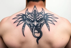 Purépecha style tattoo integrating with oni mask with a snake in its mouth tattoo idea