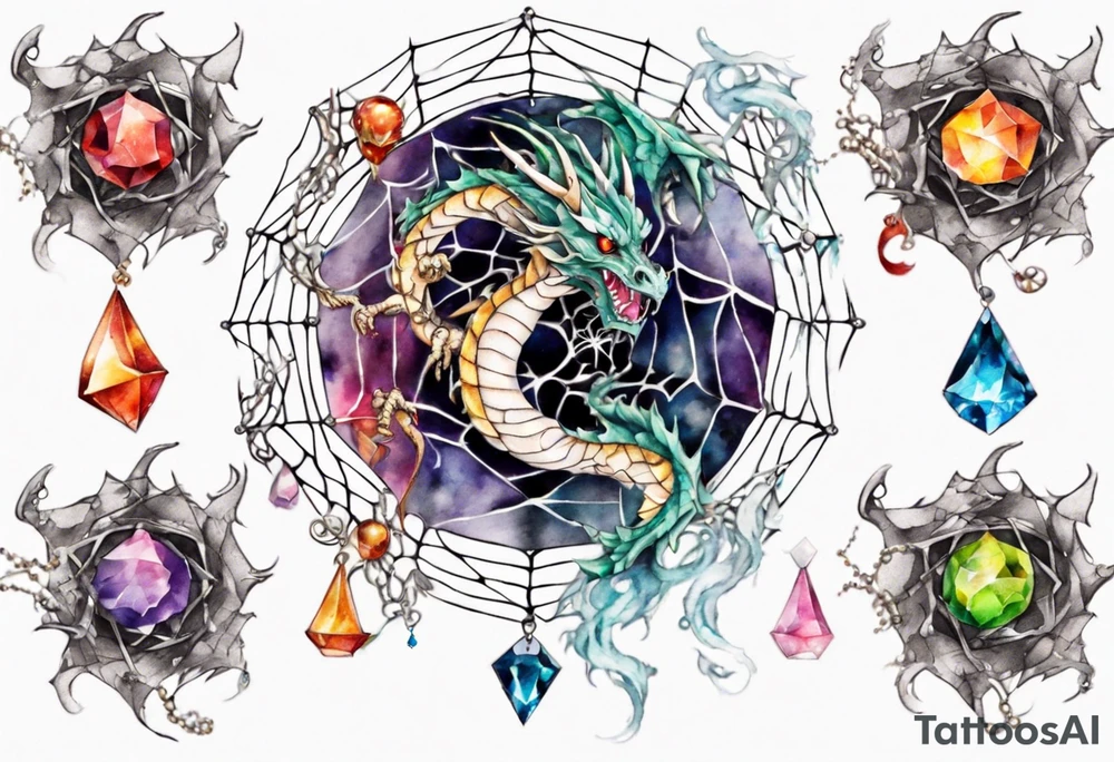 Dragon in a spiral spiderweb with jewels and shattered chalices and one spider tattoo idea