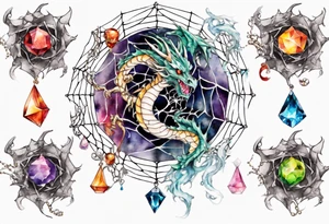 Dragon in a spiral spiderweb with jewels and shattered chalices and one spider tattoo idea