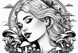 Chubby old blonde woman thin lips surrounded by mushrooms crescent moon mountains background tattoo idea