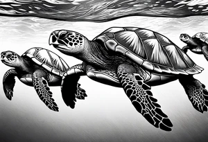 Four sea turtles swim in a row one after the other tattoo idea