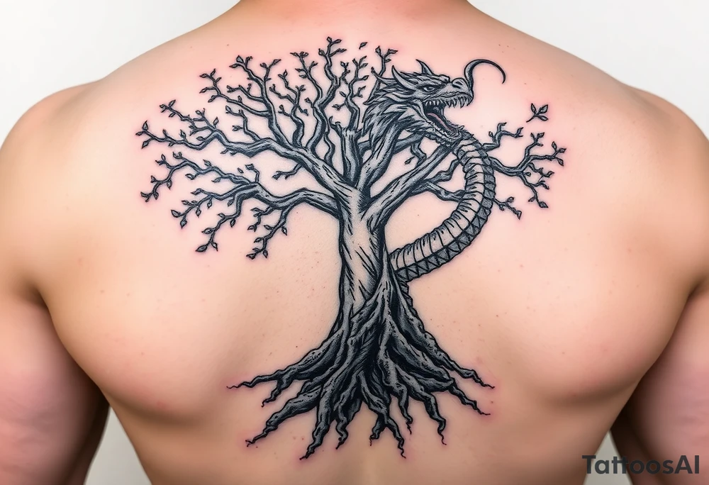 tree of life with roots absorbing a dragons tale while the dragon eats the top of the tree tattoo idea